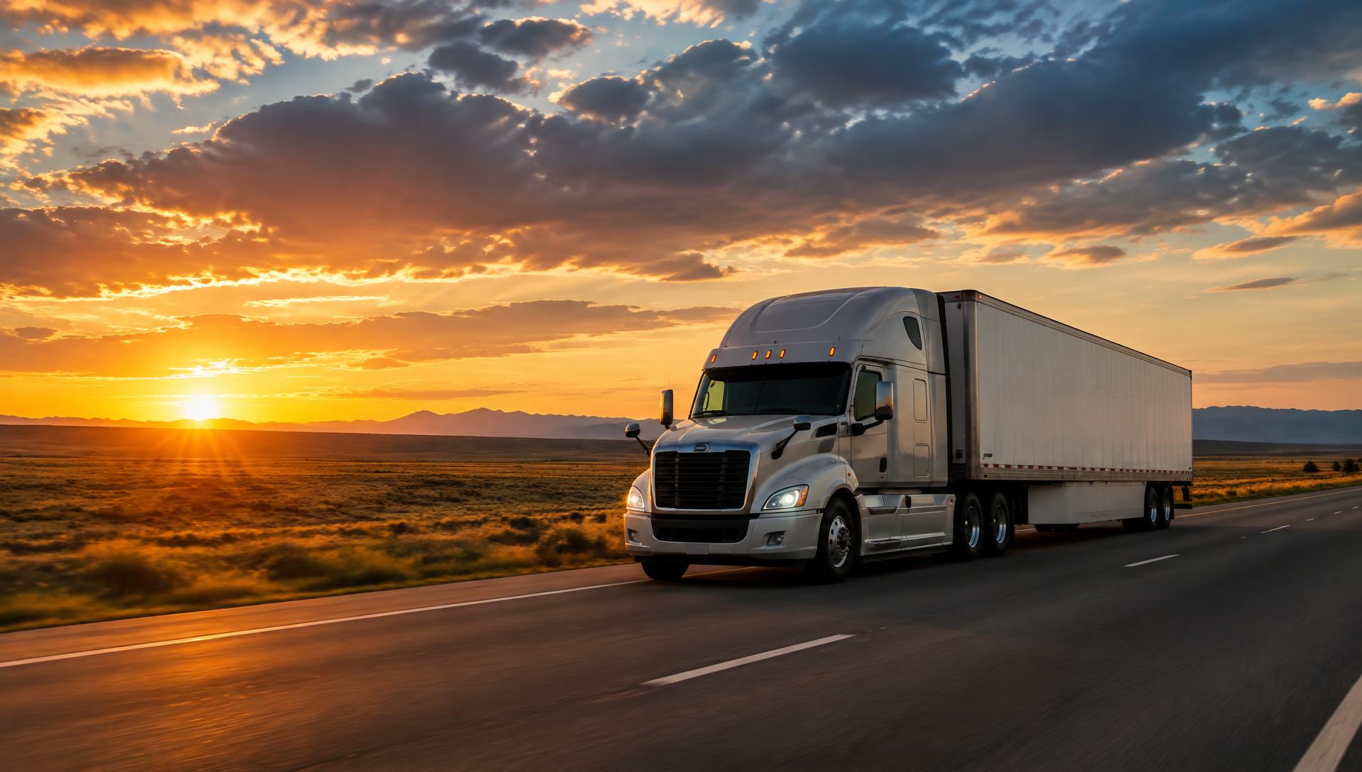 Semi truck driving on highway at sunset